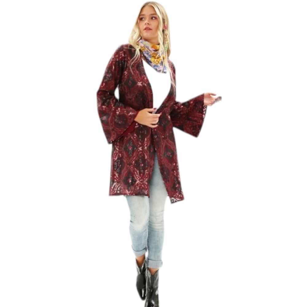 NWT ARATTA SILENT JOURNEY BURGUNDY SEQUINED BEADED KIMONO SMALL